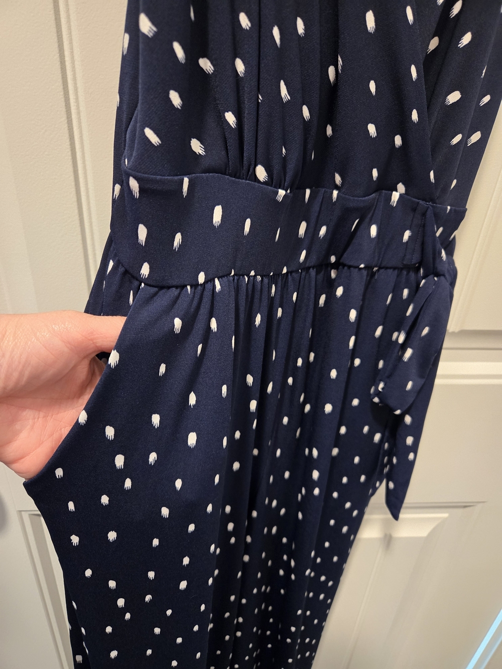 Kaileigh Navy and White Polka-Dot Wrap Jumpsuit with Tie Waist - Picture 4 of 9